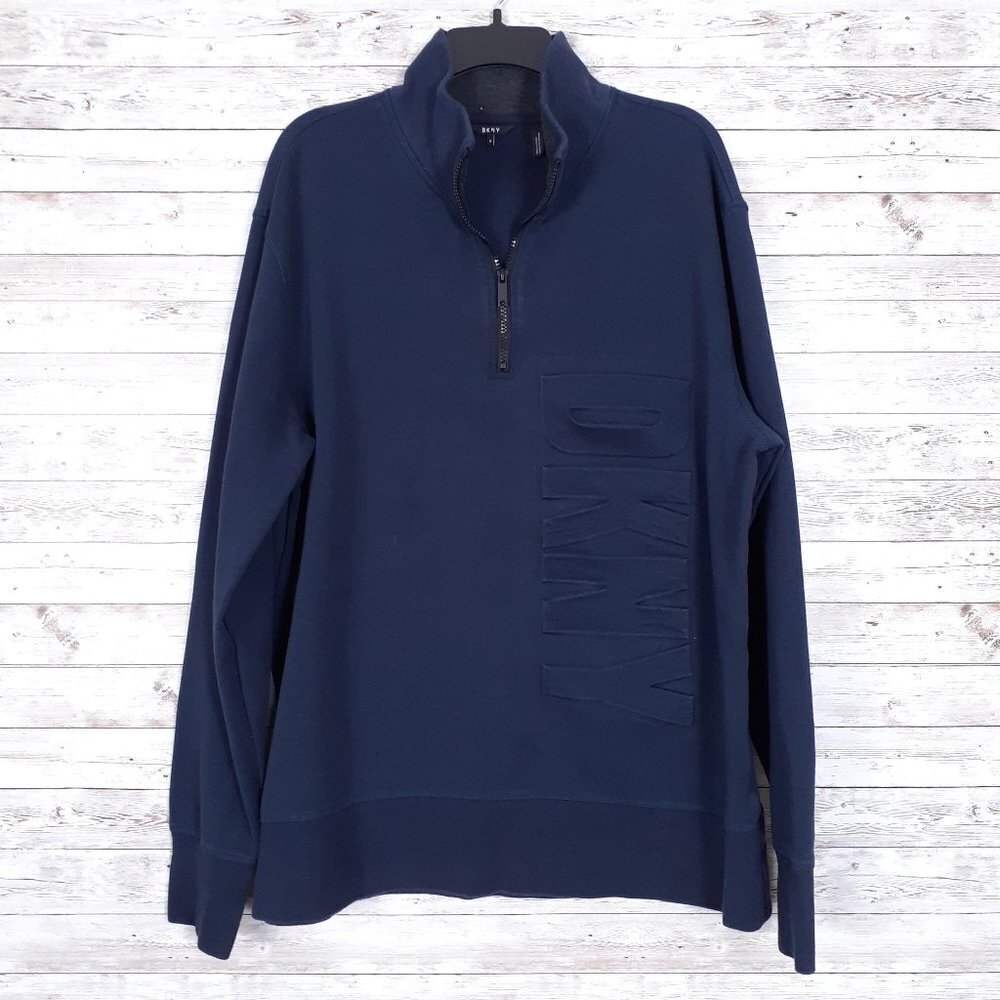 DKNY Mens 1/4 zip Sweatshirt XL Navy Blue Front Logo 724A